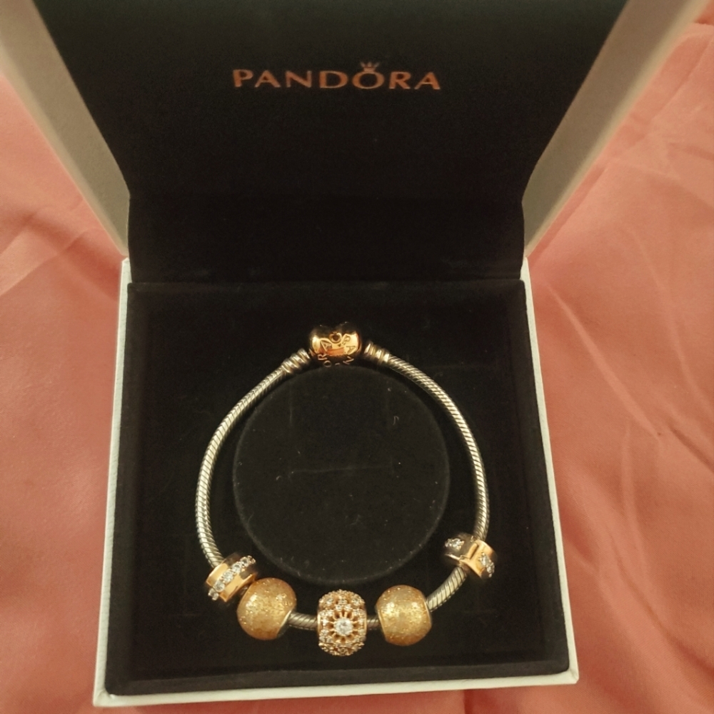 Pandora 7.1 sterling silver with rose gold plated heart shaped clasp + charms
